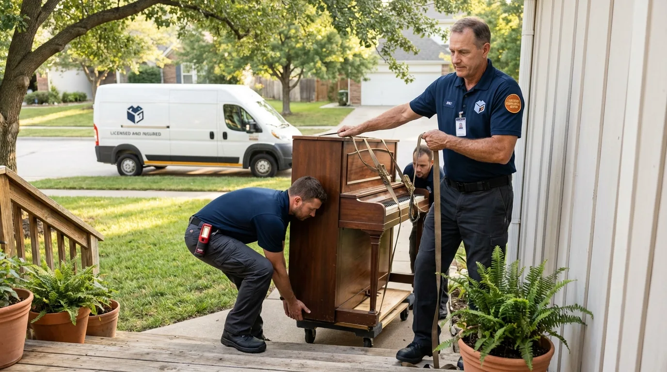 Licensed piano movers securing grand piano in Curwensville, PA