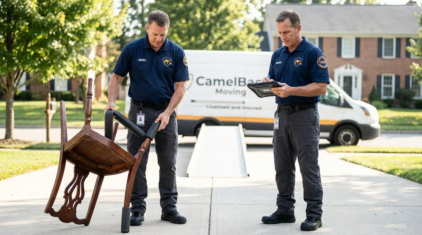 Movers inspecting furniture for damage prevention before loading in Curwensville, PA