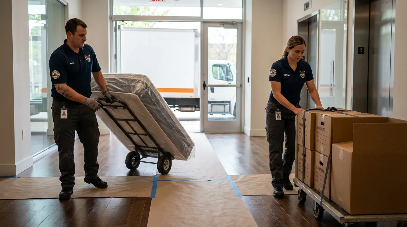 Professional apartment movers loading elevator in Curwensville, PA