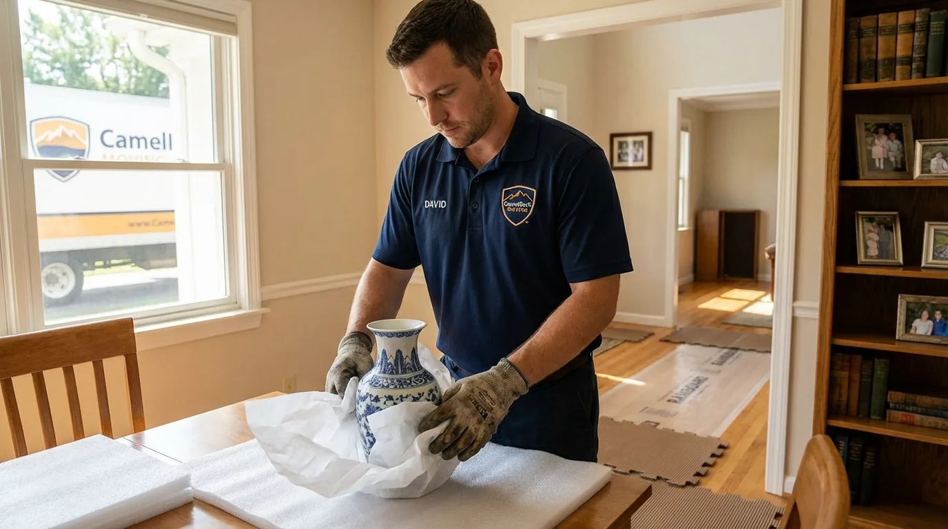 Professional crew carefully wrapping antique vase for senior downsizing move in Curwensville, PA